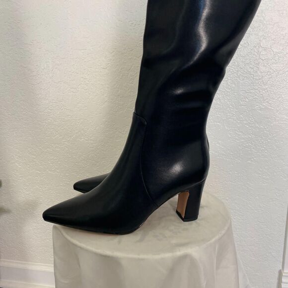 NEW 90s Style Black Faux Leather Smooth Pointy Knee High Heel Boots US 9.5 - Picture 2 of 8